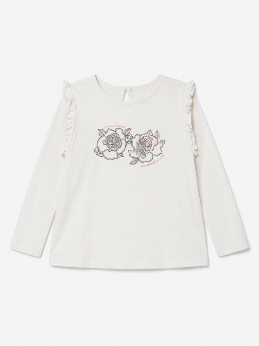 Blusa en algodón estampado rosas brillos